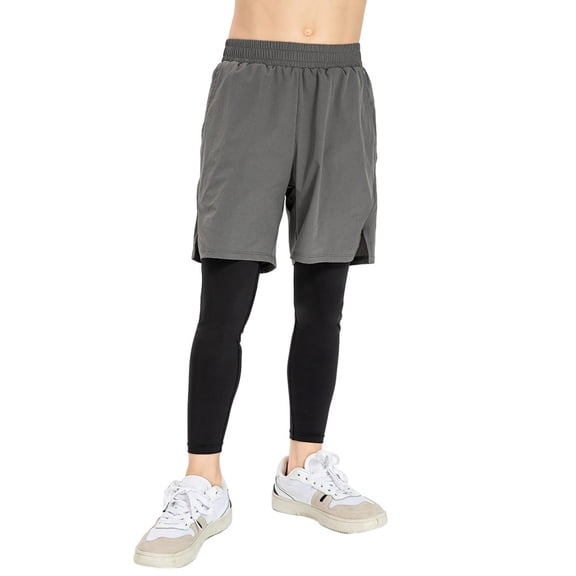 BULLPIANO Boys 2 in 1 Compression Pants Athletic Workout Sports Legging Youth Basketball Tights Shorts and Leggings for Athletic Training