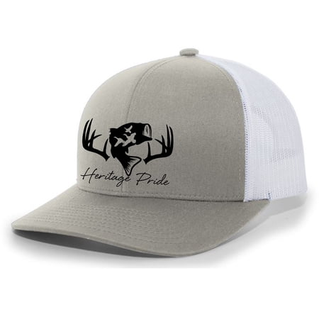 Heritage Pride Deer Hunting Fishing Duck Hunt Mens Embroidered Mesh Back Trucker Hat Silver/White