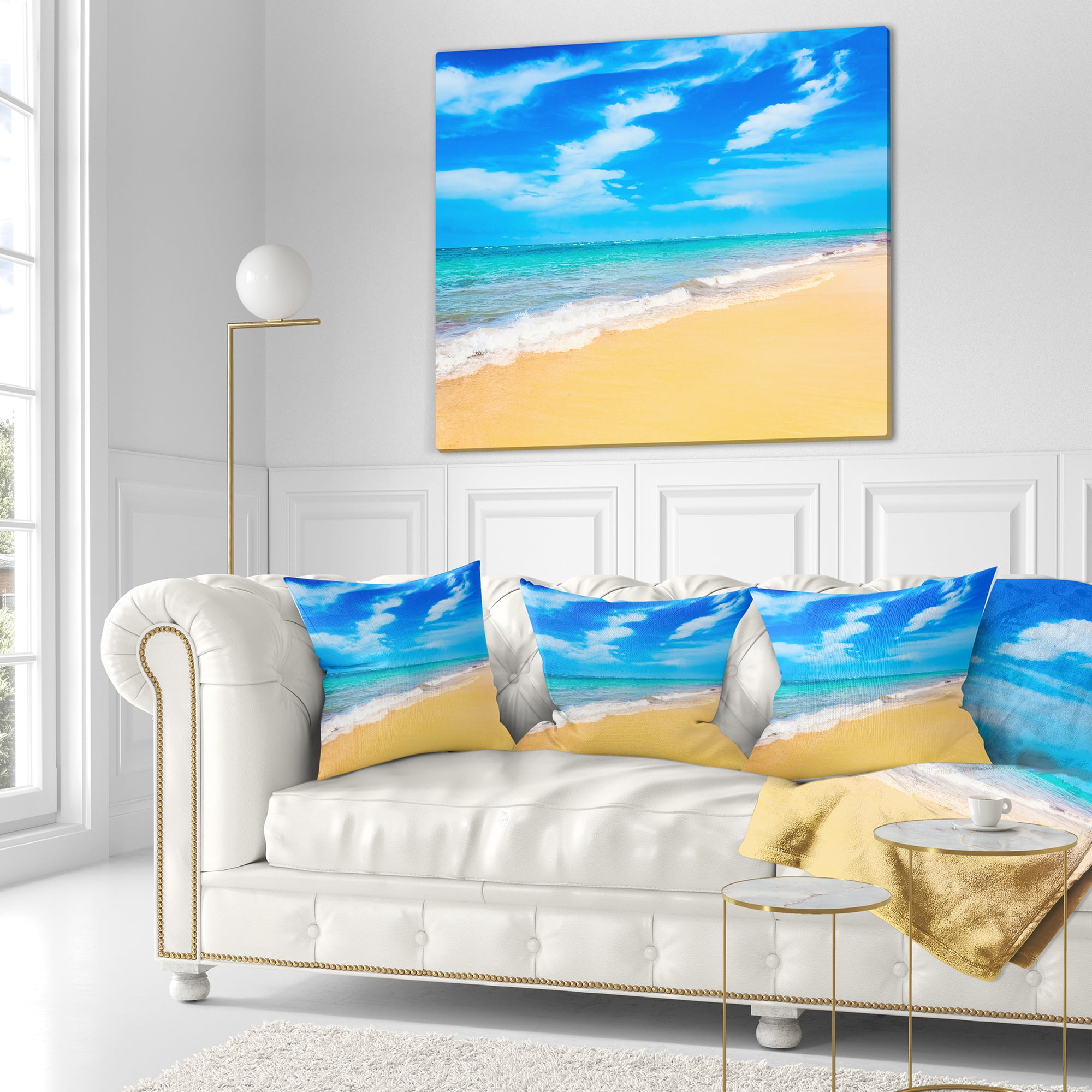 Designart Blue Sandy Tropical Sea Beach - Seascape Throw Pillow - 16x16