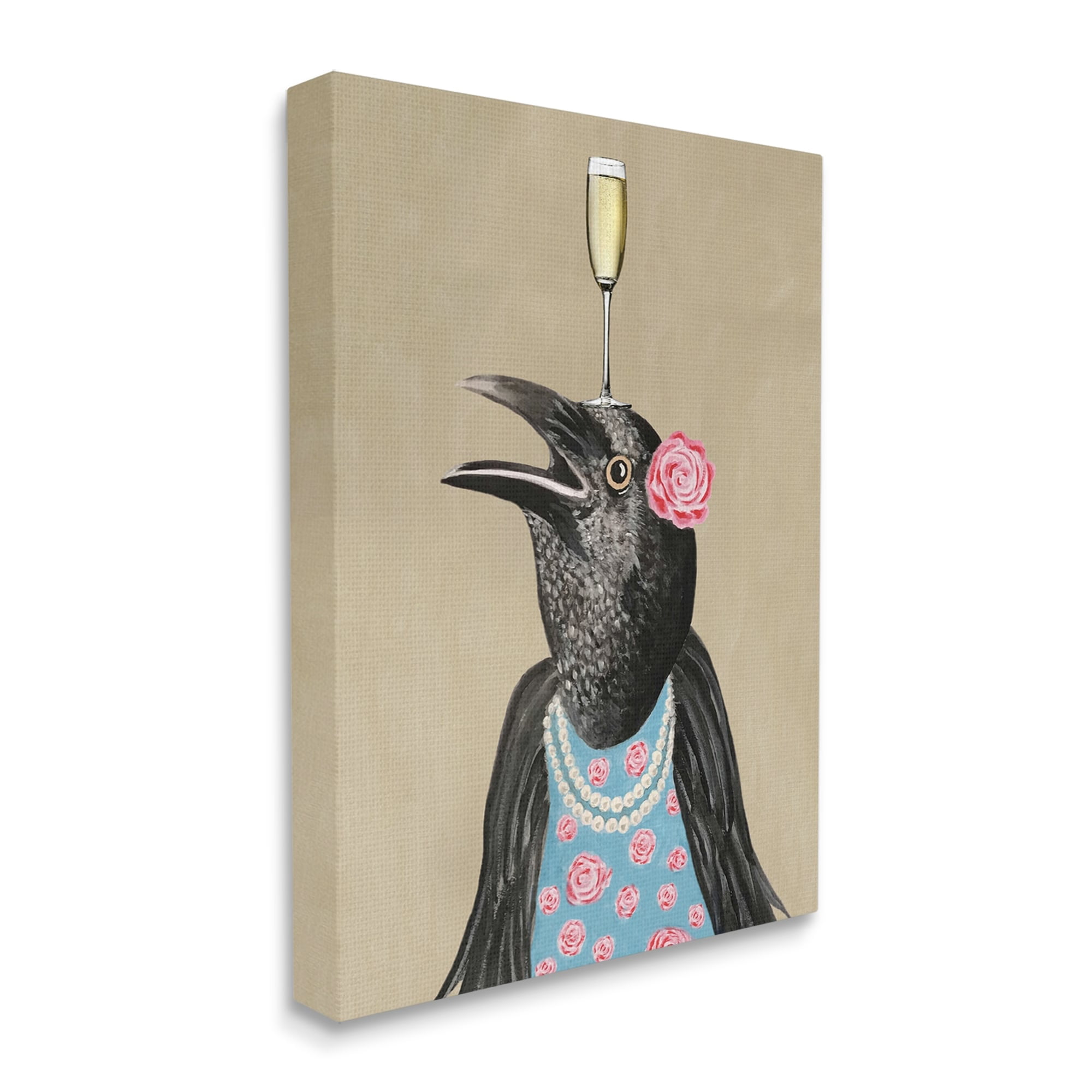 Stupell Industries Black Bird Patterned Rose Dress Champagne Glass Paintings Gallery-Wrapped Canvas Print Wall Art, 36x48, by Coco de Paris