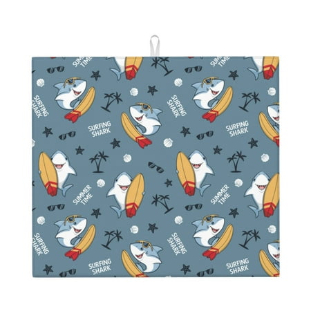 

Lukts Surf Shark Print Ultra Water Dish Drying Mat Slip Resistant Pad for Sink Dishes or Under Rack Kitchen Counter Accessories