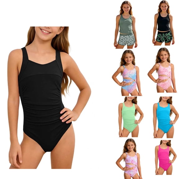 Girls Swimsuit One Piece Swimsuits Solid Ruched Bathing Suit for Girls Full Coverage Modest Padded Swimwear/Black