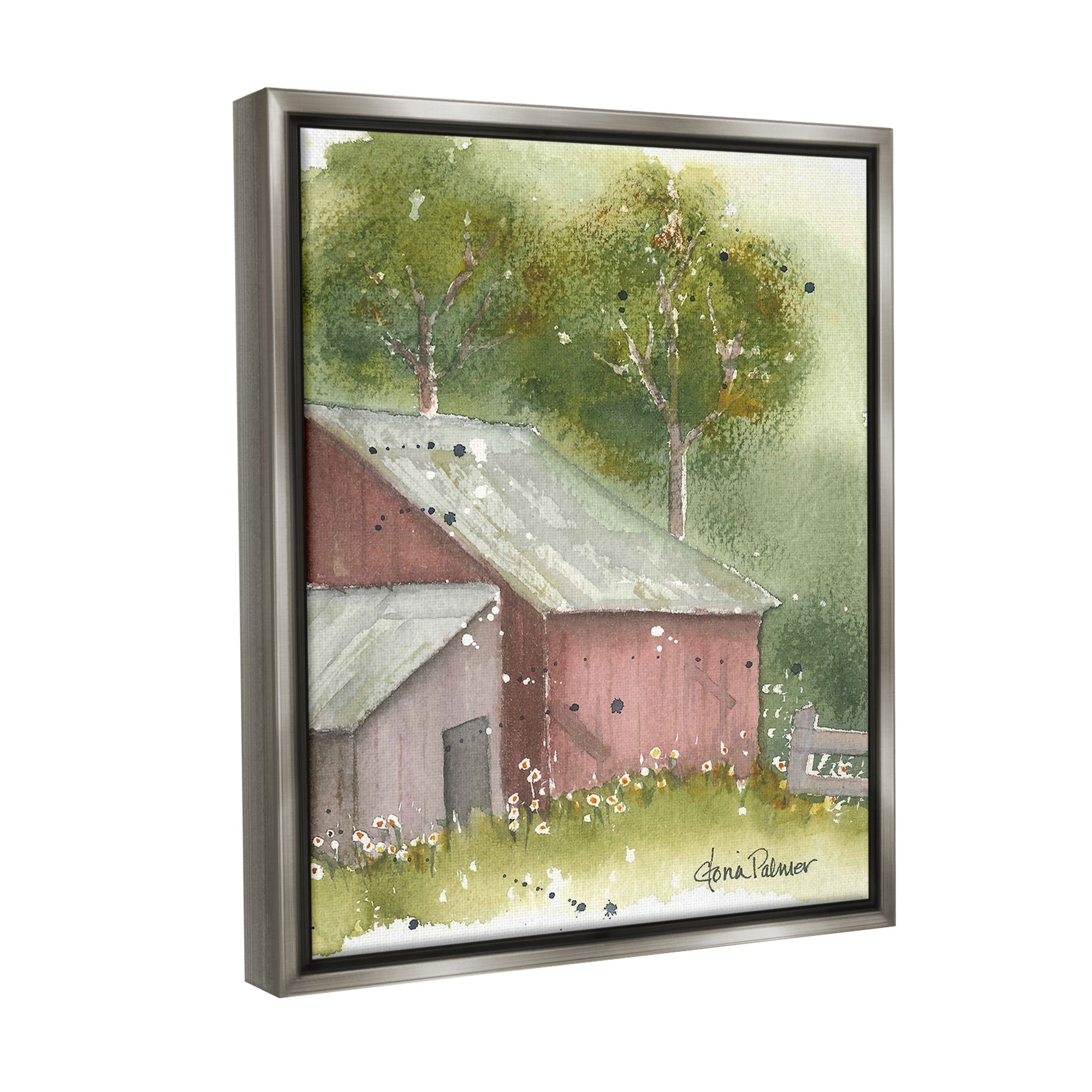 Stupell Industries Barn with Spring Florals Landscape Painting Gray Floater Framed Canvas Art Print Wall Art, 17 x 21