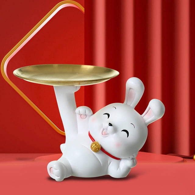Bonita figura de conejo, figura de conejo, decoración de arte de resina, adorno de regalo de inauguración de la casa, para escritorio, decoración del Acostado con Bandeja Colco Estatuilla de conejo