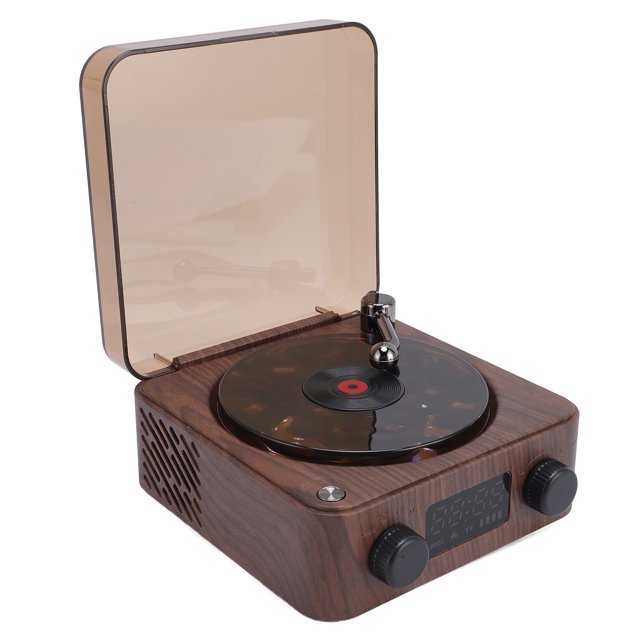Vintage Record Model Player, Stereo Speaker with Water Ripple Ambient Light and Time Display Retro Record Player BT Speaker for Bedroom Studio Office Party