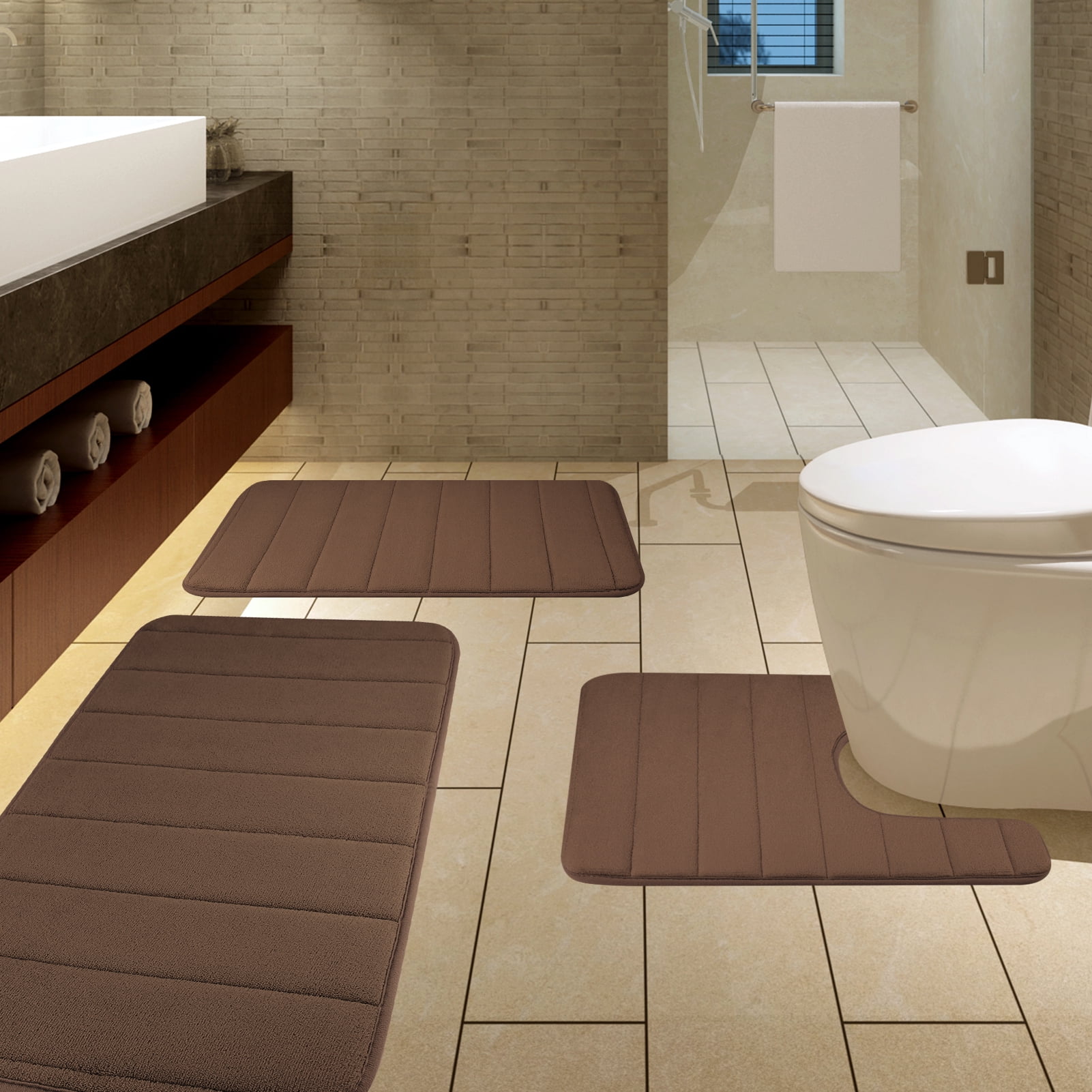 3 Piece Memory Foam Bath Mat Set with U-Shaped Toilet Mat Bathroom Rugs Soft Comfortable Water Absorption Bath Carpet Non-Slip Thick Machine Washable for Kitchen/Living Room(Coffee)