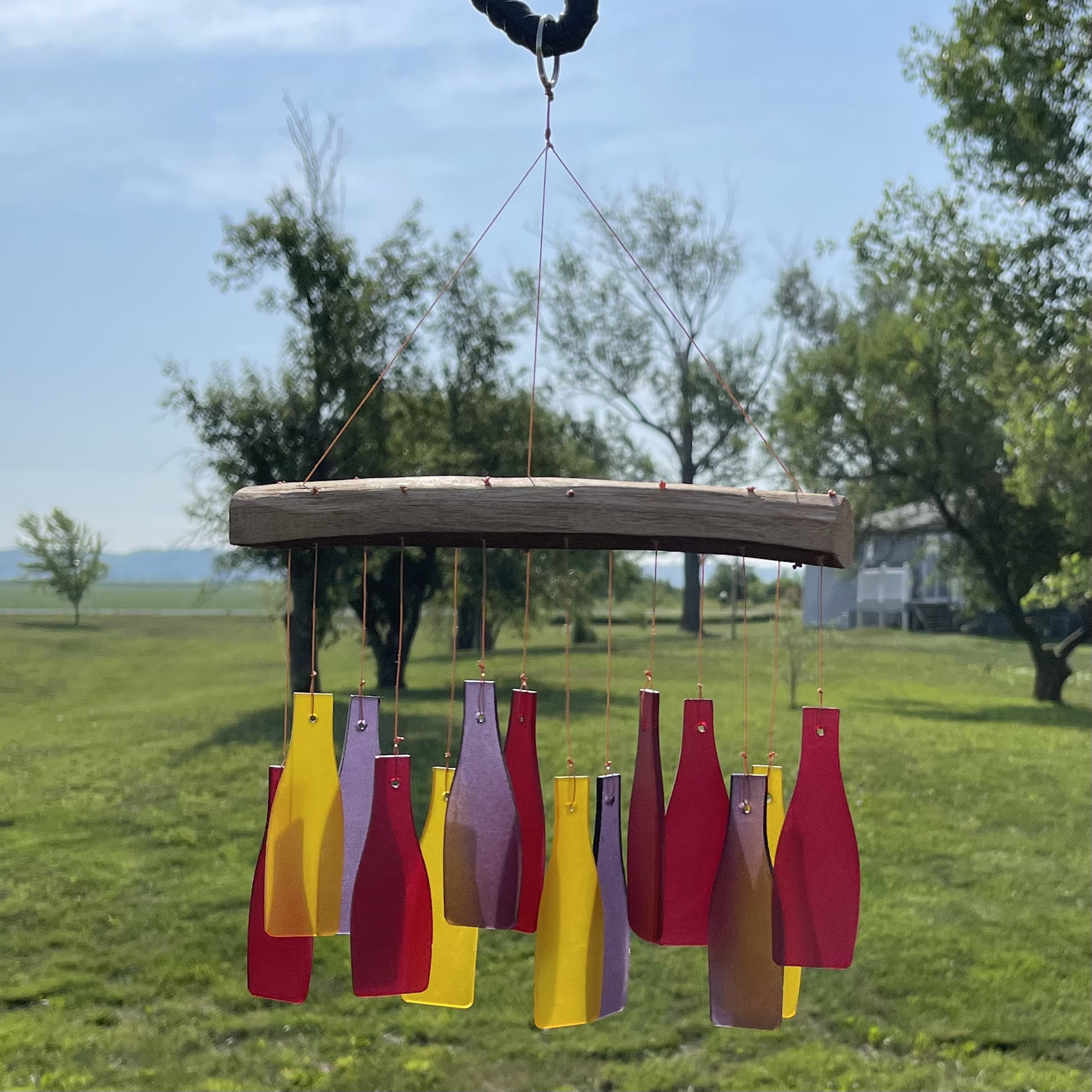 Blue Handworks Wind Chimes Wine Bottles Sandblasted Glass Wind Chime for Outdoor