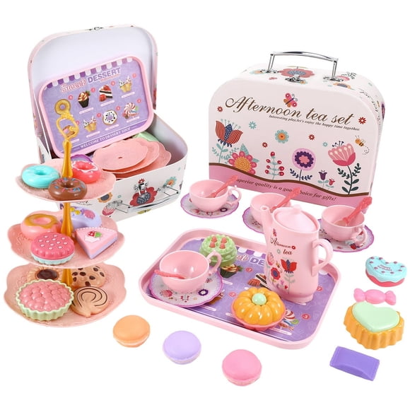 CNKOO 48 Pcs Kids Tea Set for Little Girls Princess Tea Party Set for Toddlers Flower Design Toy Tea Set with Metal Teapots Tea Cups Plates Coasters Spoons Carry Case Pretend Play Toys