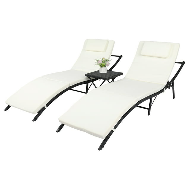 SYNGAR 3-Piece Outdoor Chaise Lounge Set, Rattan Wicker Patio Lounge Chairs with 5 Position Adjustable, Coffee Table and Cushions, All-Weather Beach Pool Backyard Lounge Chairs Furniture, GE028