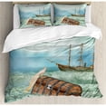 thumbnail image 3 of Fantasy Duvet Cover Set Twin Size, Antique Old Trunk in Ocean Waves with Magic Bird Pirate Boat Picture, Decorative 2 Piece Bedding Set with 1 Pillow Sham, Mint Green Pale Caramel, by Ambesonne, 3 of 3