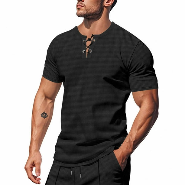 pstuiky Camisa de manga corta para hombre, Blusas versátiles de manga corta con cuello en V y cordón de color sólido para hombre ropa de hombre xxl