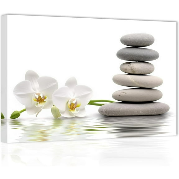 ZHONGYUTONG Zen Bathroom Wall Art Orchid Flower Massage Stones on Water Canvas Pictures Prints for Spa Meditation Yoga Spiritual Room Framed (12.00" x 18.00")