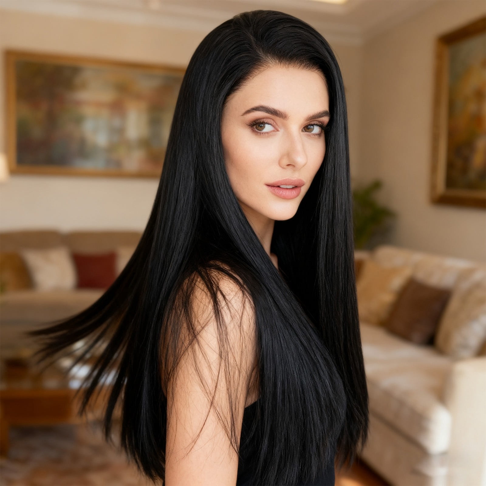 Long Straight Synthetic Wig for Women, Dark Brown Natural Looking Full Hair Wig for Daily Wear(Black,55cm)