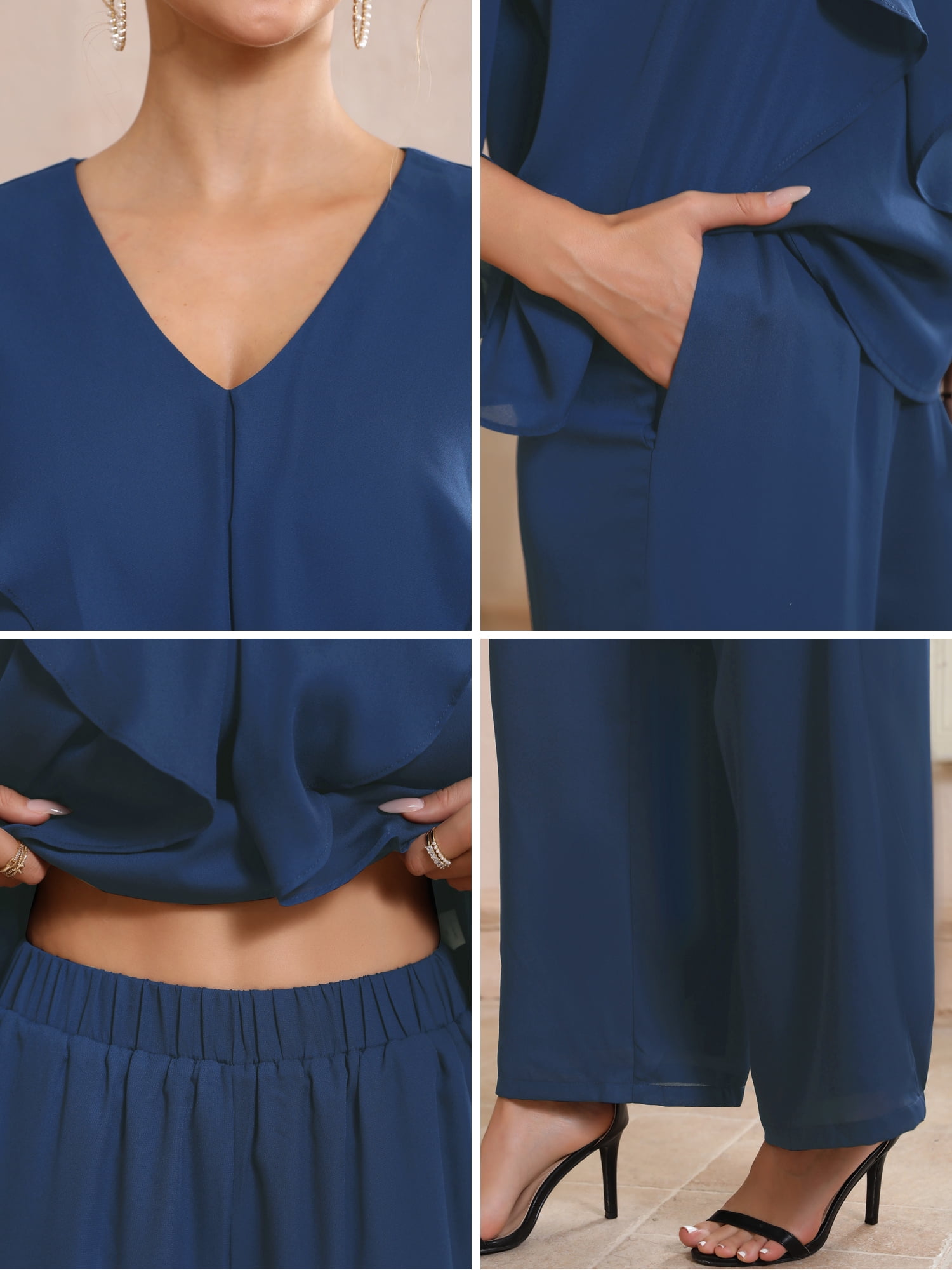 DARING DIVA Women's Stylish Chiffon Ruffles V Neck Wide Legs Pantsuits 2Pcs L Dark Blue
