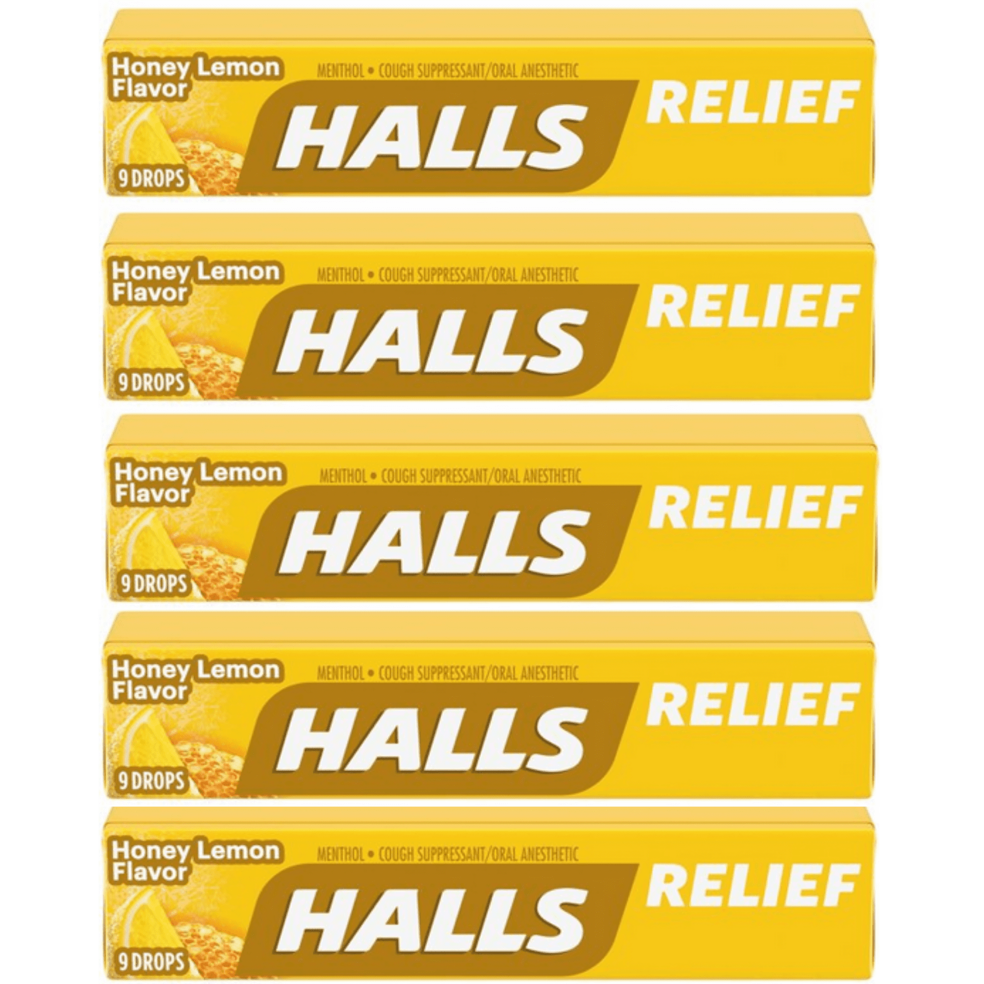 HALLS Relief Honey Lemon Flavor Cough Drops,5 Pack,(9 Cough Drops Per