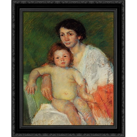 Nude Baby on Mother's Lap Resting Her Arm on the Back of the Chair 20x24 Black Ornate Wood Framed Canvas Art by Cassatt,