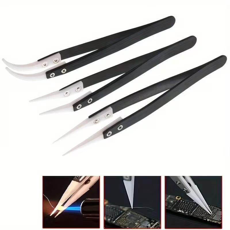 3-Piece High-Temperature Resistant Ceramic Tweezers Set - Anti-Static Insulated Stainless Steel with Protective Sheath, Ergonomic Design for Safe and Precise Handling, Black & White Options