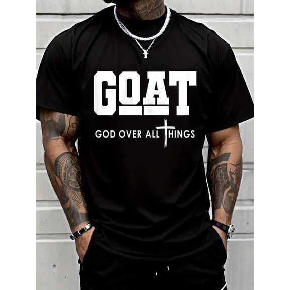 100% Cotton Goat God Over All Things Funny Jesus Christian Printed T-Shirt, Short-Sleeved Crew Neck Casual Top, Suitable For All Seasons