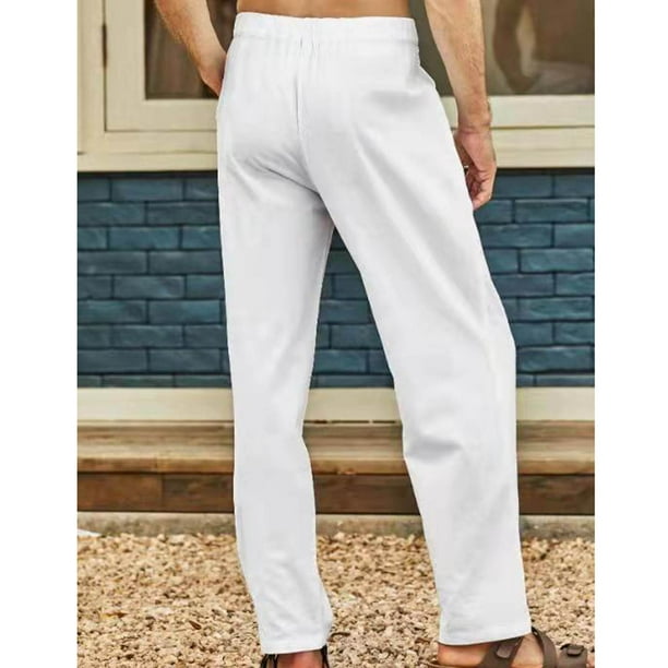 TopLLC Mens Casual Solid Dress Pants Fashion Cutton Zipper Pants Mid Waist  Straight Sweatpant Linen Pants Casual Summer Beach Loose Trousers, White 