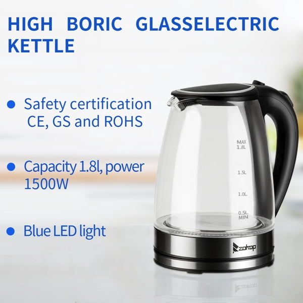 1.8L Electric Glass Kettle, 1500W Borosilicate Fast Boil with Auto Shut-Off, Blue LED Light & BPA-Free, CE/GS/ROHS Certified