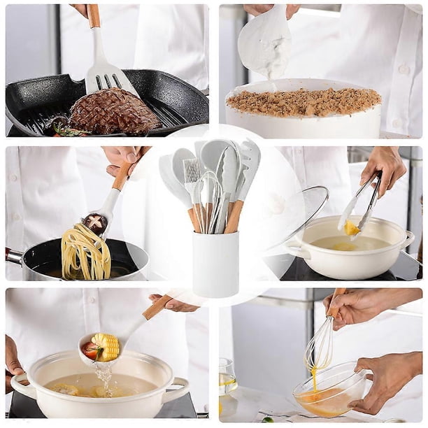 Silicone Cooking Utensil Set Non-stick Kitchen Utensils Set 11 PCS Heat Resistant Kitchen Tools with Wooden Handle