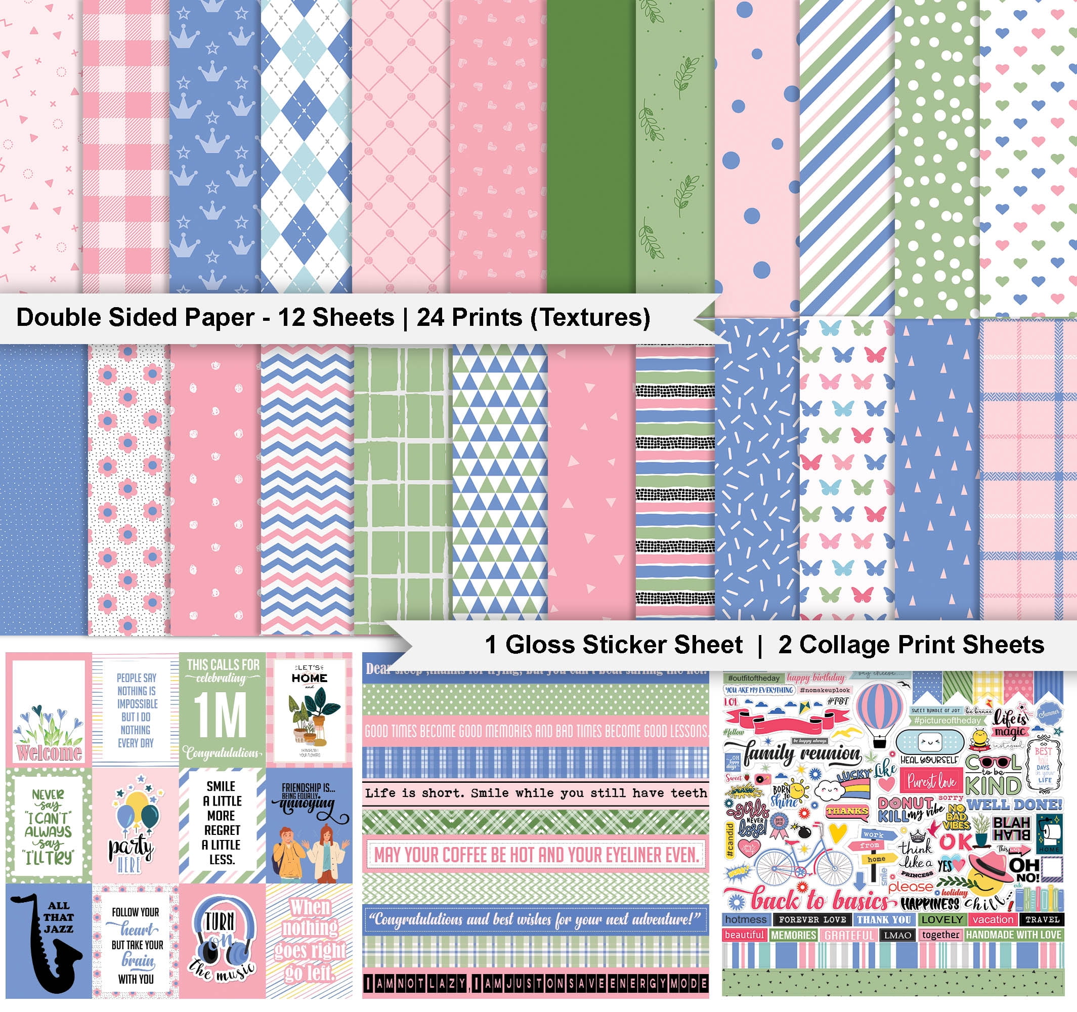 Inkdotpot Basics Is Always Good, Pastel Theme Collection Double,Sided Scrapbook Paper Kit Cardstock 12"x12" Card Making Paper Pack Of With Sticker Sheet - 16 Pages - Pink, Light Blue & Green