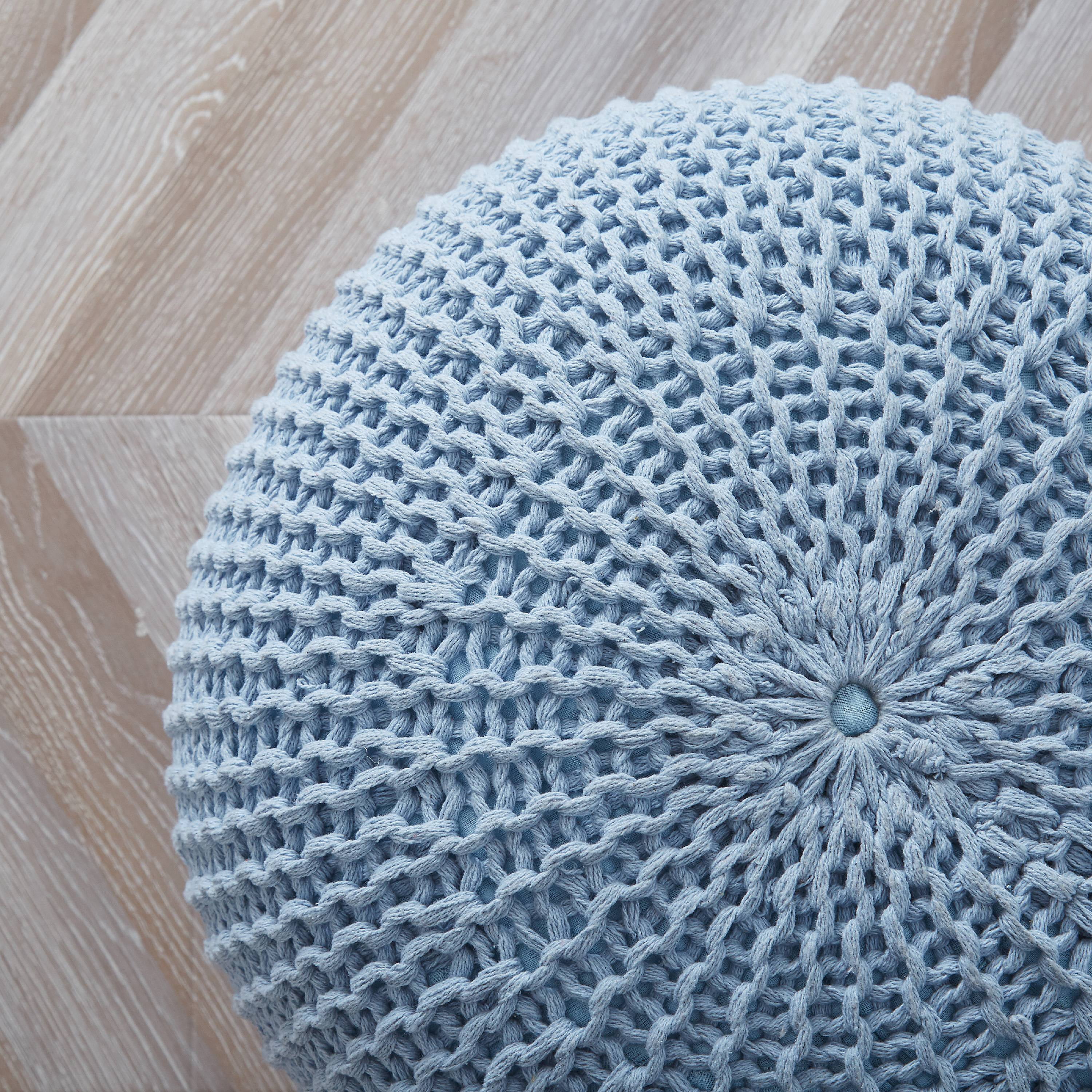 Urban Shop Round Solid Knit Polyester Pouf, Blue