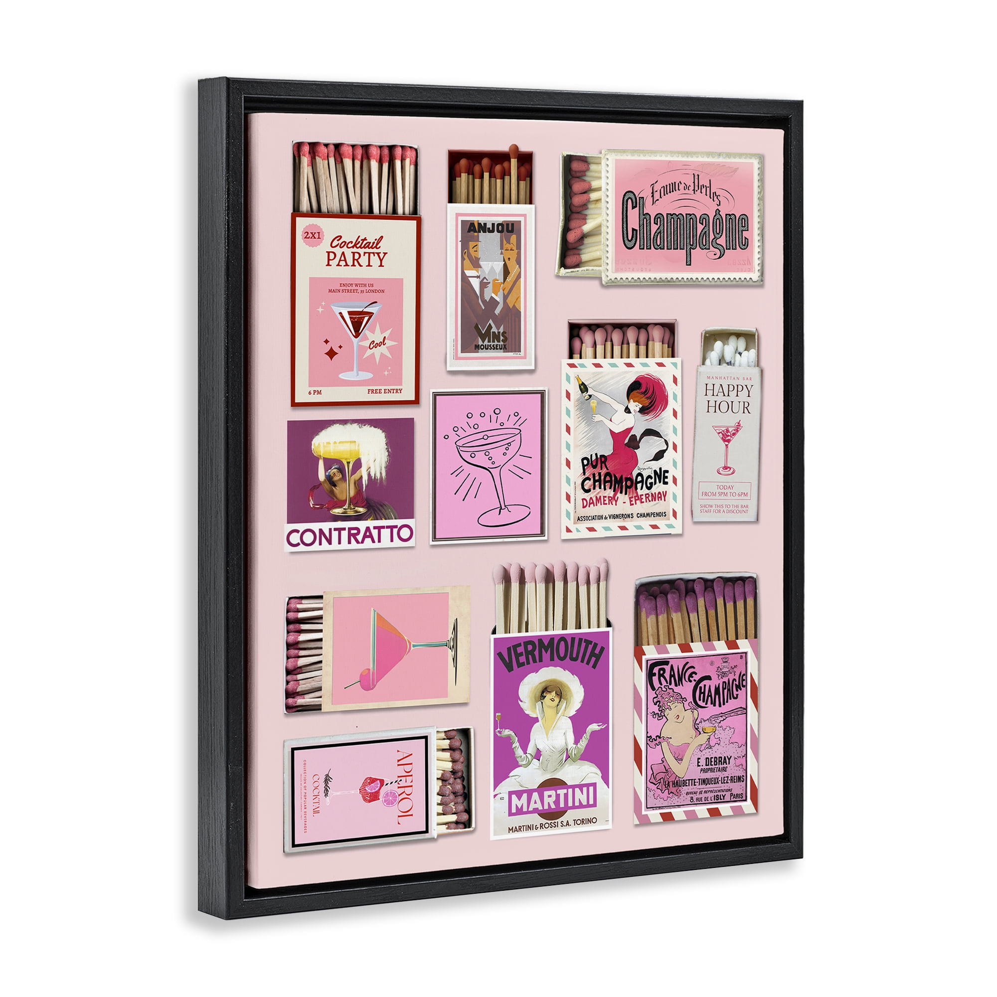 Stupell Industries Champagne & Cocktail Matchboxes Black Framed Floater Canvas Wall Art, design by CAD Designs