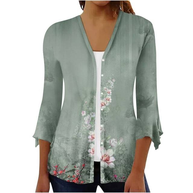 Wolfast Cardigans pour Femmes Manches 3/4 Imprimé Floral T-shirts Ouverts Décontractés Blouses Amples, Vert Armée, m