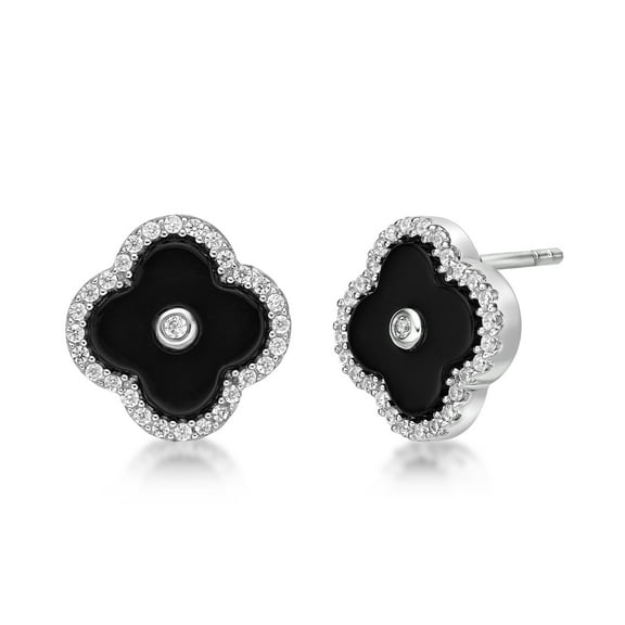 Black Onyx Flower Stud Earrings for Women in 925 Sterling Silver with Rhodium Plating Post Back 11 MM by Lavari Jewelers