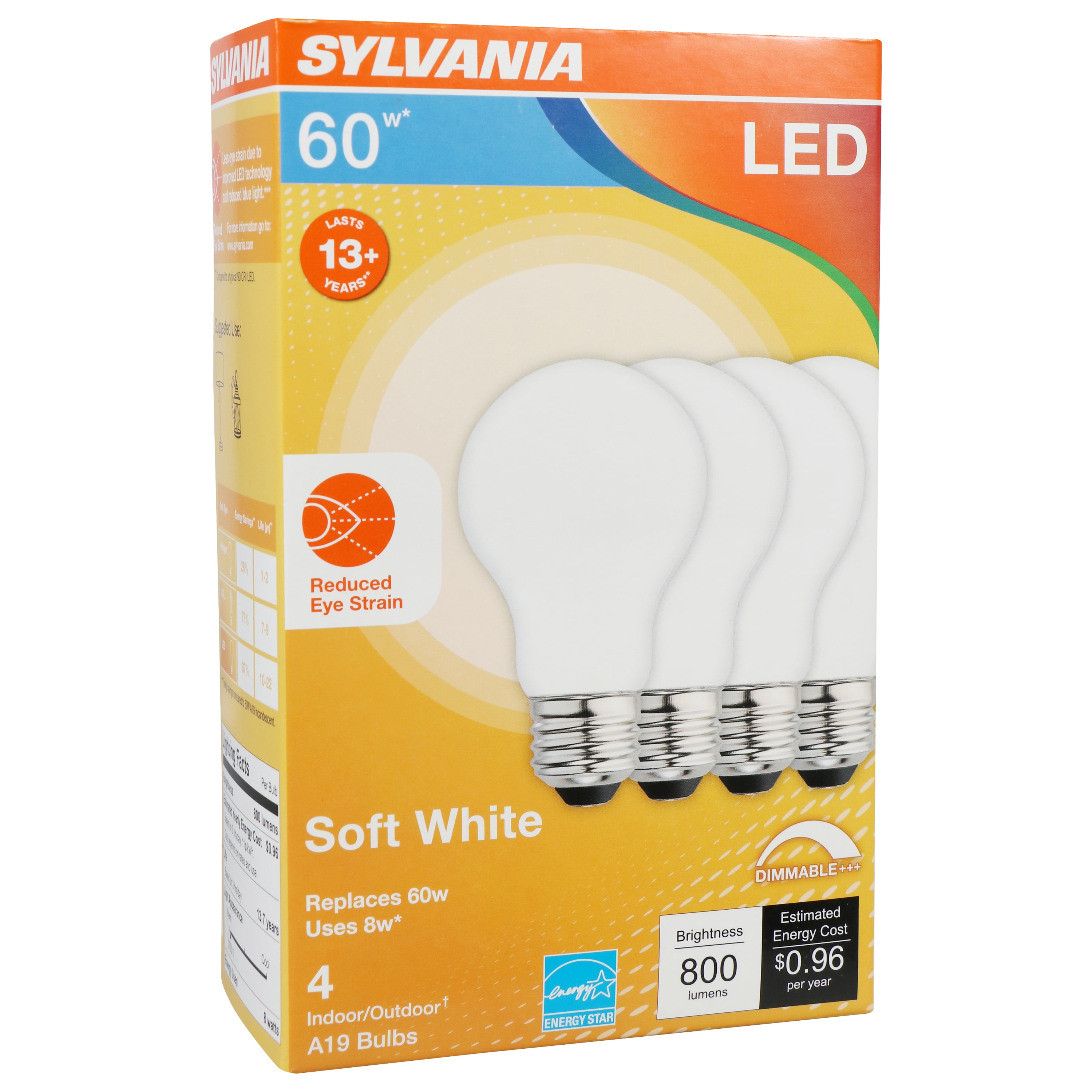 SYLVANIA LED Reduced Eye Strain Light Bulb, A19, 8W, 2700K, Dimmable, Soft White, 4 Pack