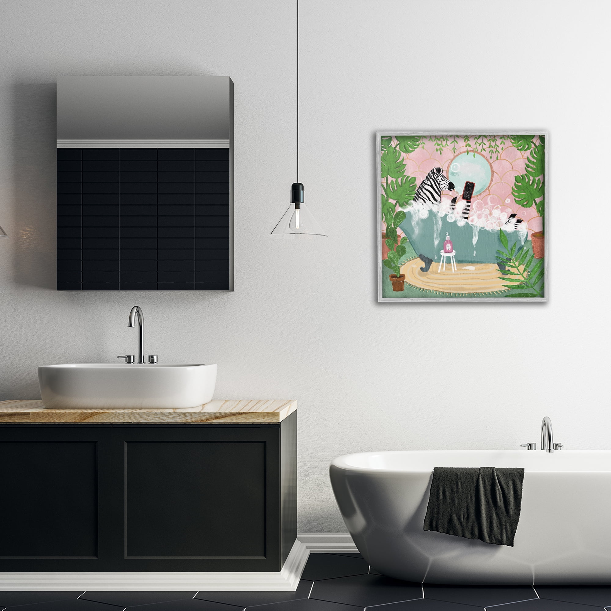Stupell Industries Zebra Fun Bath Time Typography Painting Gray Framed Art Print Wall Art, 24 x 24