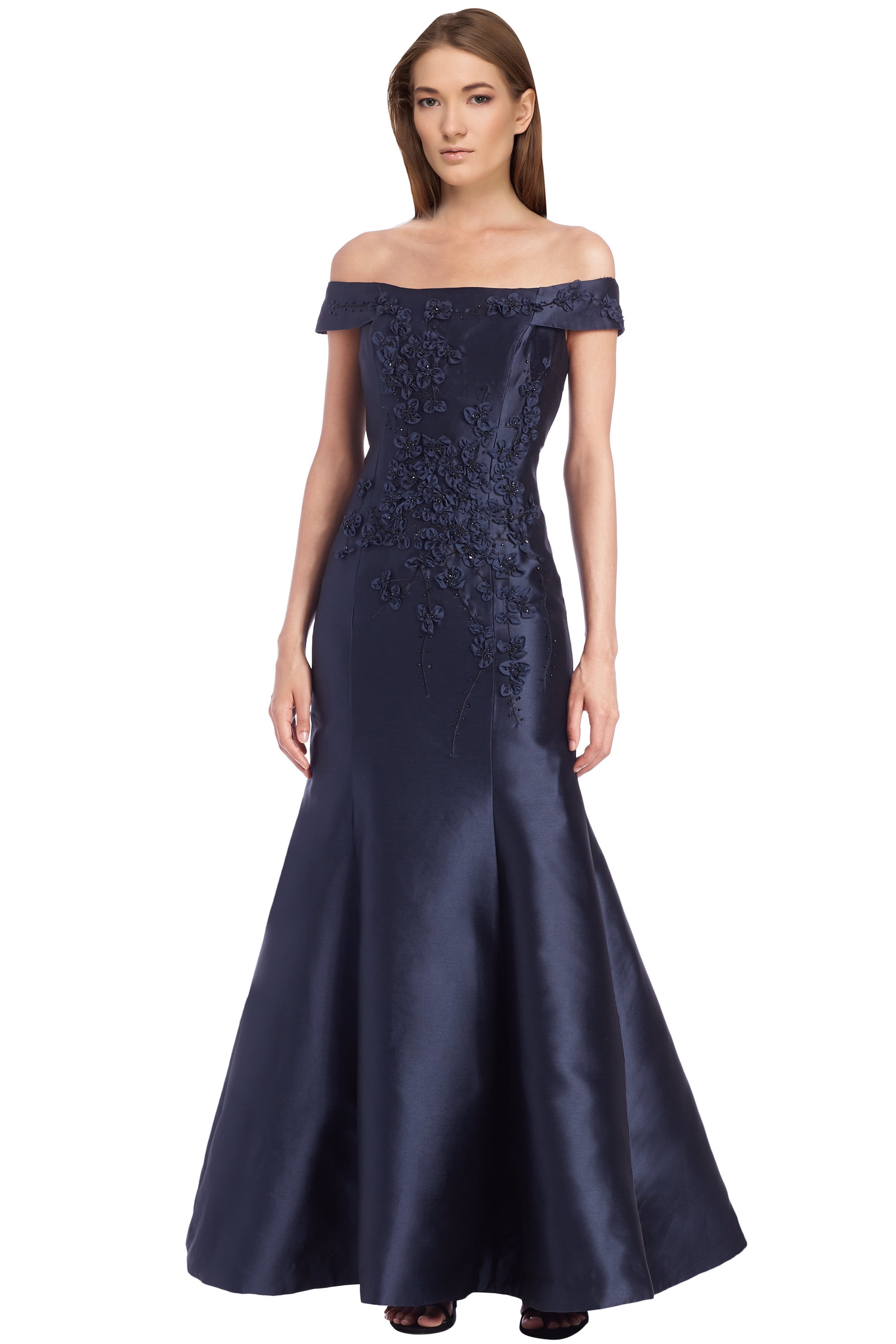 Teri Jon Teri Jon Floral Applique Off Shoulder Evening Gown Dress