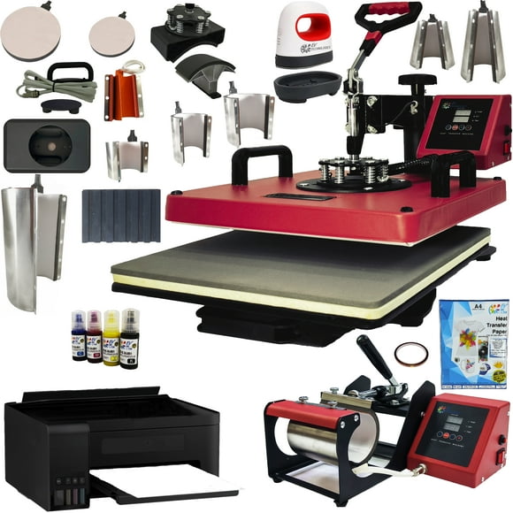 Combo 16 En 1 EV Technologies plancha sublimacion color roja con impresora y 150 articulos