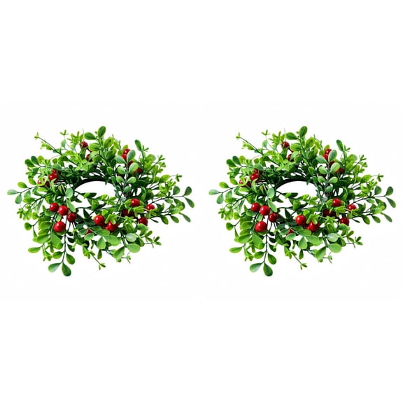 2PCS Christmas Artificial Candle Rings Wreaths with Green Boxwood Red Berries, Christmas Festival Pendant for Indoor Wall Door Decoration Realistic Floral Wreath (9.84*2.95 Inch)