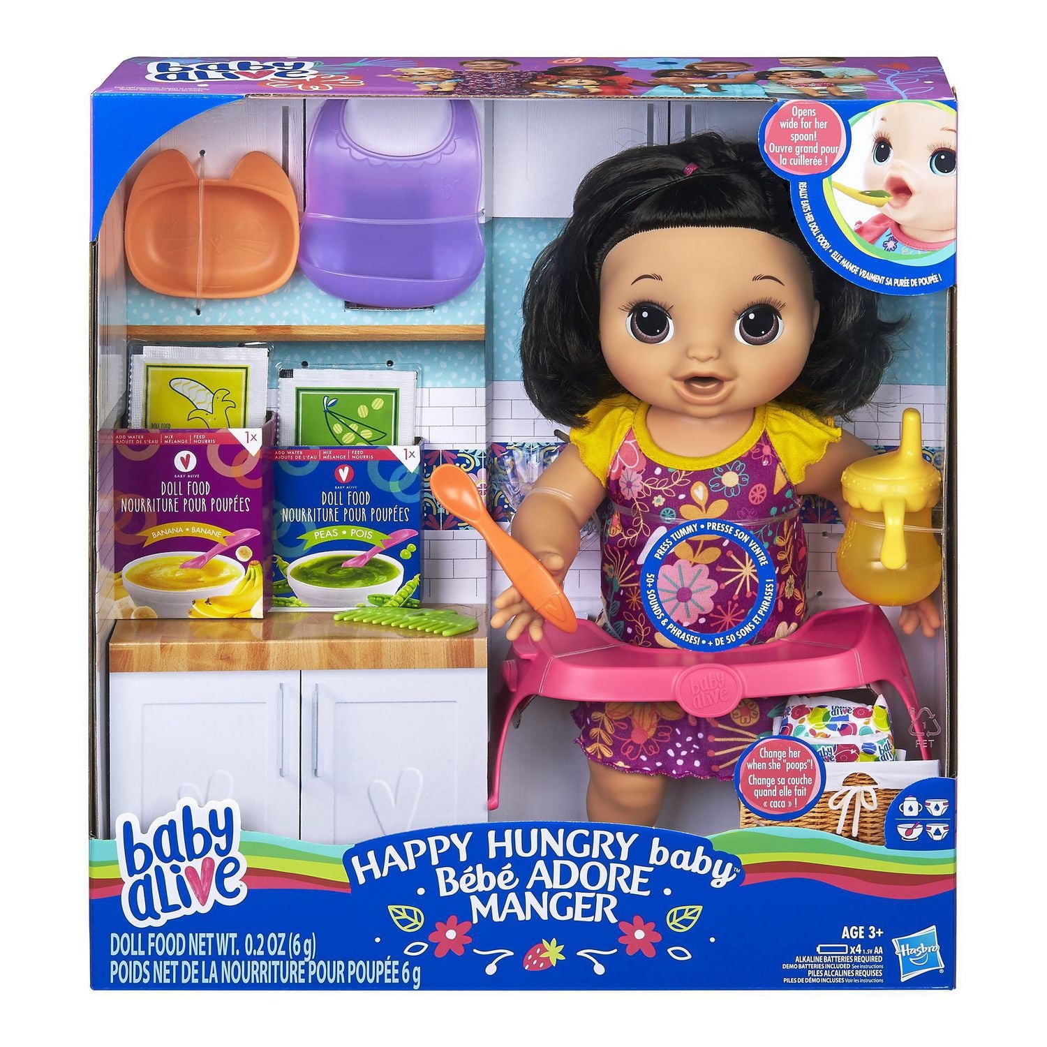 Baby Alive, poupée Bébé adore manger, aux cheveux noirs et lisses, plus de 50 sons et phrases, mange et fait caca, boit et fait pipi, pour enfant, à partir de 3 ans