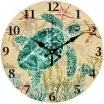 Vintage Sea Turtle Wall Clock 12 Inch Battery Operated Wooden Wall Clock Water Grass Starfish Non Ticking Silent Wall Clock Decorative Clock for Living Room Office Bedroom Home Decor