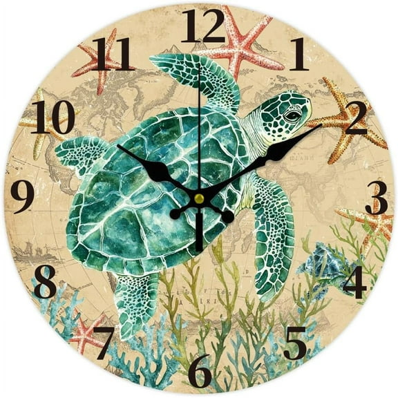 Vintage Sea Turtle Wall Clock 12 Inch Battery Operated Wooden Wall Clock Water Grass Starfish Non Ticking Silent Wall Clock Decorative Clock for Living Room Office Bedroom Home Decor