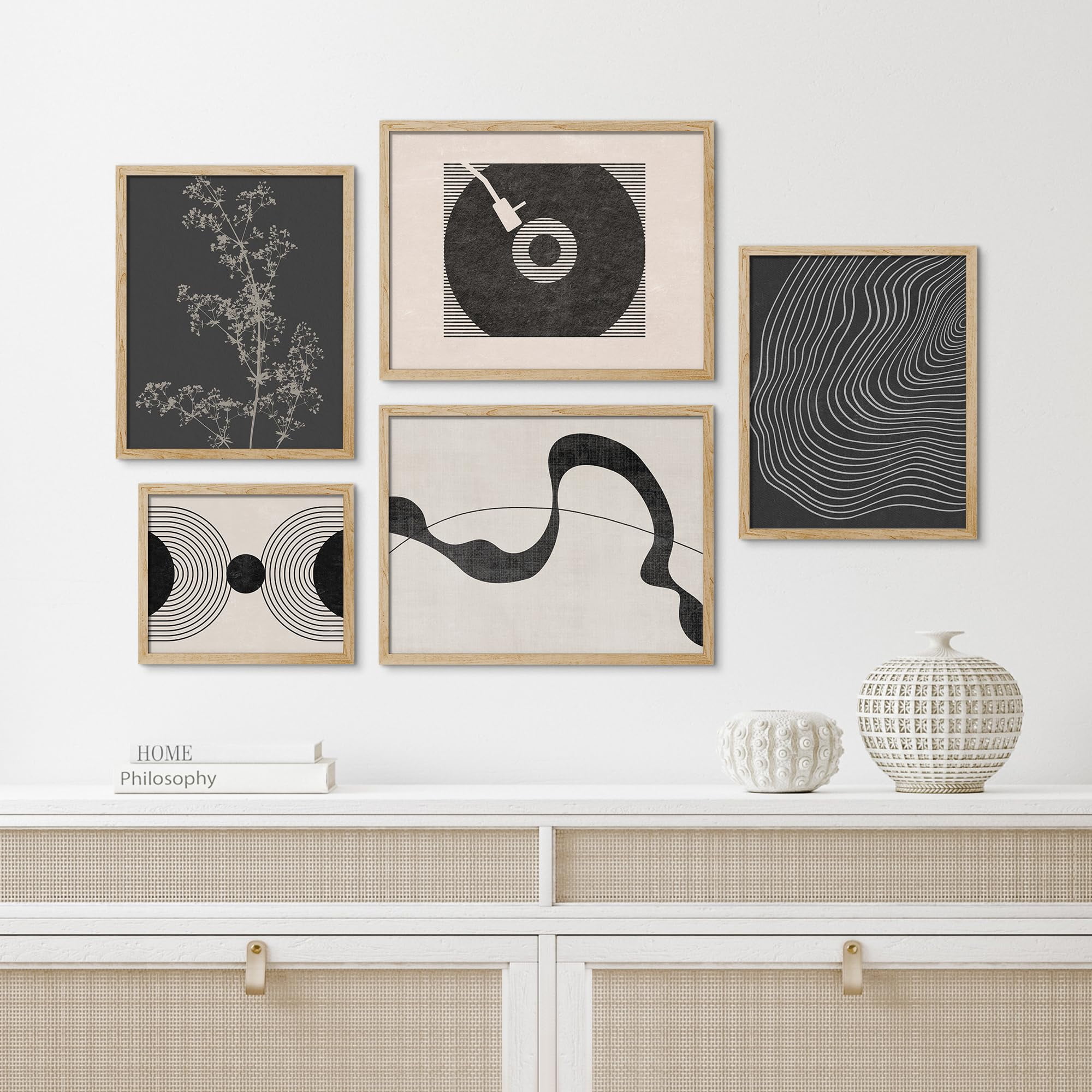 PixonSign Framed Wall Art Geometric White Brush Stroke Waves