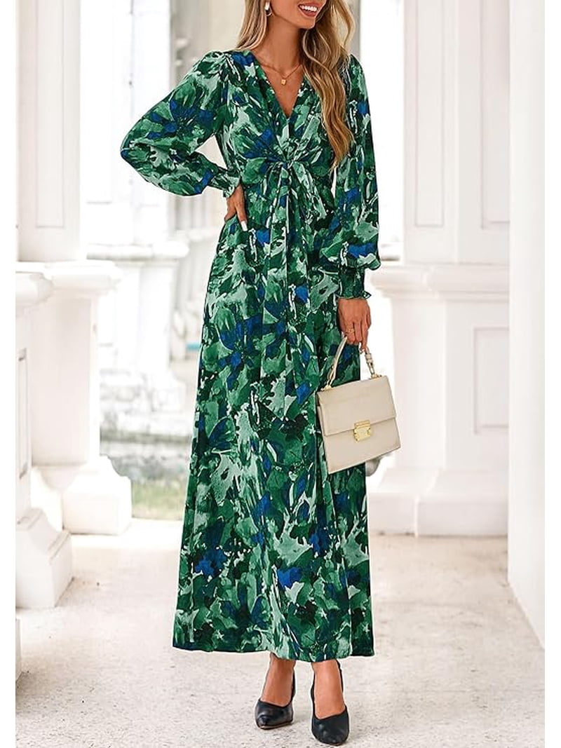 Prettygarden Women's Fall Boho Maxi Dress Floral Long Sleeve V Neck Flowy Belted Elegant Holiday Party Dresses, Size: Large, Green Prettygarden Women's Fall Boho Maxi Dress Floral Long Sleeve V Neck Flowy Belted Elegant Holiday Party Dresses, Size: Large, Green