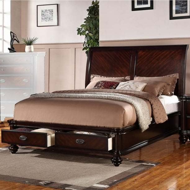Immaculate Wooden Cal.King Bed With 2 Under Bed Drawers, Smooth Cherry Finish