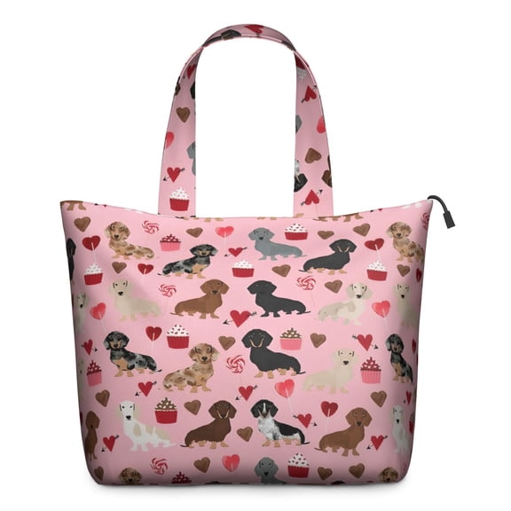 Pink Cute Dachshund Dog and Love Heart Travel Tote Bags for Women Carry On,Large Weekender Bags for Women Travel,Multi Functional Duffle Bag for Work,Shopping,Sports