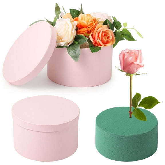 Floral Foam Gift Box with Lid - Round Pink Presentation Box for Flower Arrangements | Elegant DIY Flower Gift for Valentine's, Mother's Day, Wedding Favors