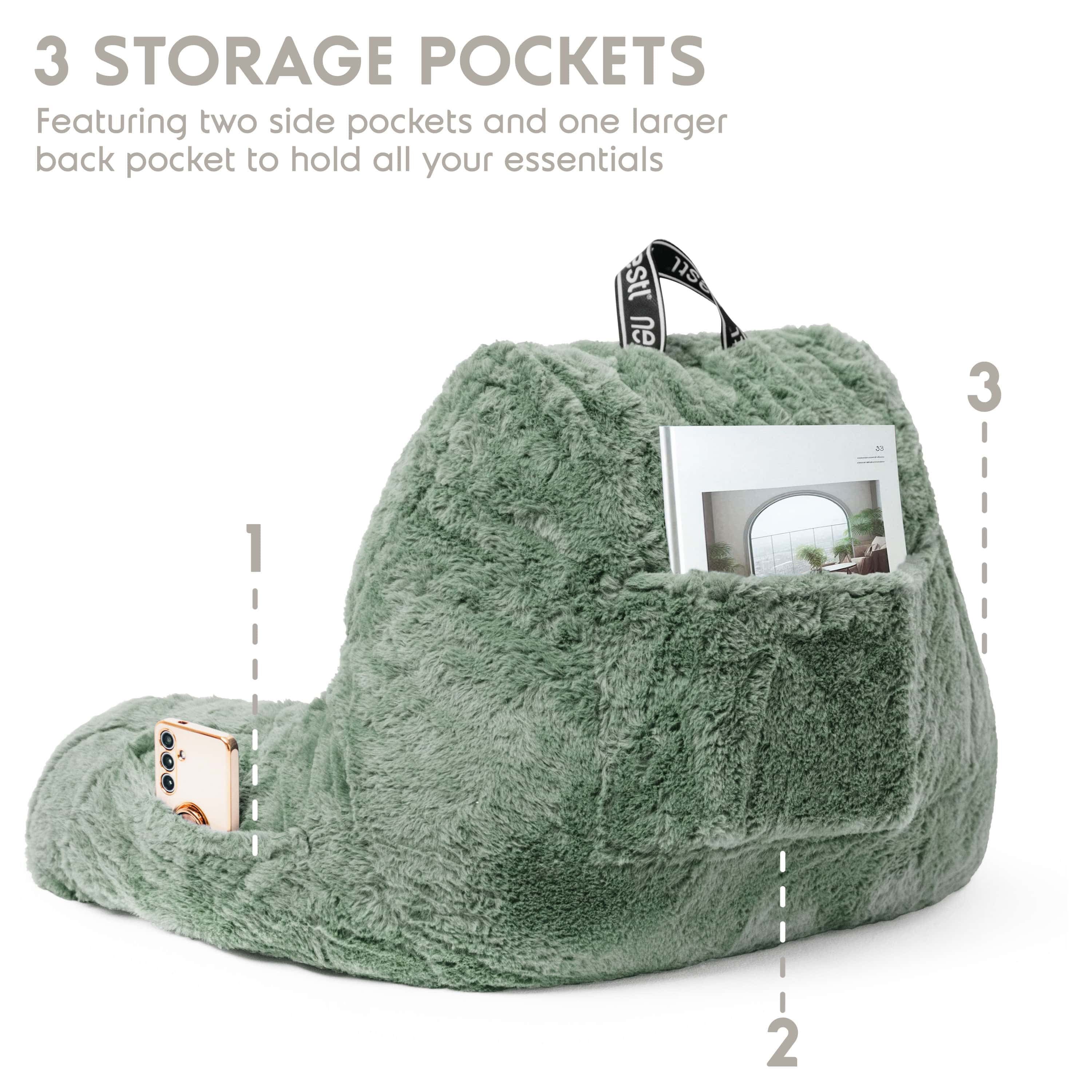 Nestl Fur Reading Pillow with Lap Desk, Stylish Arm Rest Pillow, Lap Desk with Backrest Pillow for Sitting in Bed, Faux Fur, Sage Green