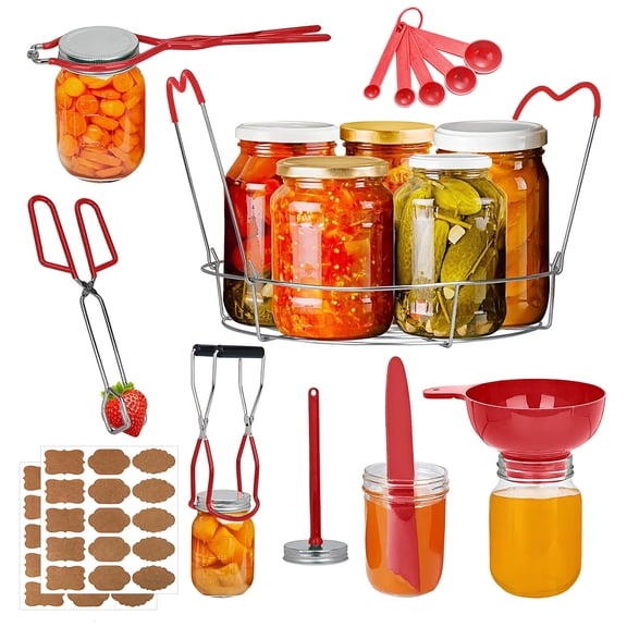 Godance 9 PCS Canning Supplies Starter Kit, Stainless Steel Canning Kit Tools: Rack, Ladle, Measuring Spoons, Funnel, Tongs, Jar Lifter, Lid Lifter for Canner/Pot, Beginner, Home Canning Kit - Red