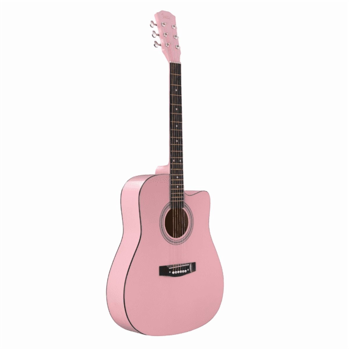 Pink 41-inch Dreadnought barrel-shaped cutaway acoustic guitar with pick, strings, capo, gig bag, tuner, wrench tool, and shoulder strap