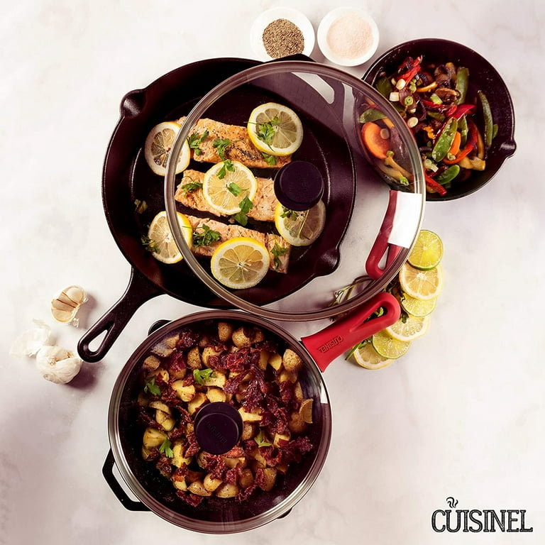  Cuisinel Cast Iron Skillet with Lid - 12-inch Pre-Seasoned  Covered Frying Pan Set + Silicone Handle & Lid Holders + Scraper/Cleaner -  Indoor/Outdoor, Oven, Stovetop, Camping Fire, Grill Safe Cookware: Home
