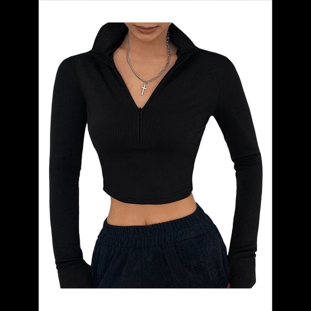 Camisas de Larga para Mujer, Blusas Informales de Negocios con Cuello en V, Suéter de Punto Acanalado, Blusas Ajustadas, Ropa Y2k Negro M