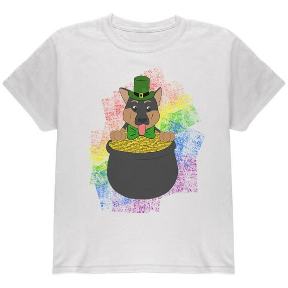 St. Patrick's Day German Shepherd Gold Lucky Youth T Shirt White YXL