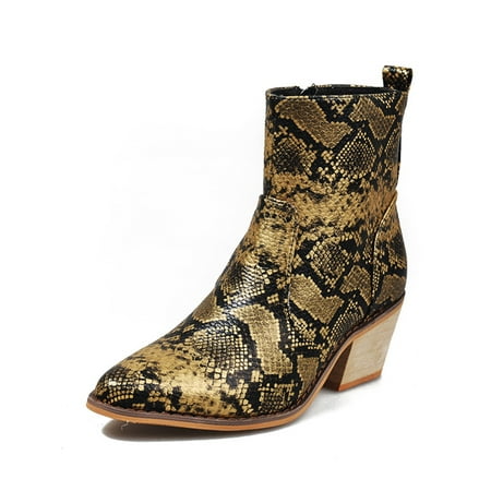 

Daeful Women Snakeskin Booties Ankle Boots Slip on for Ladies Snake Print Boots Chunky Block Mid Heels Fashion Shoes Gold 8
